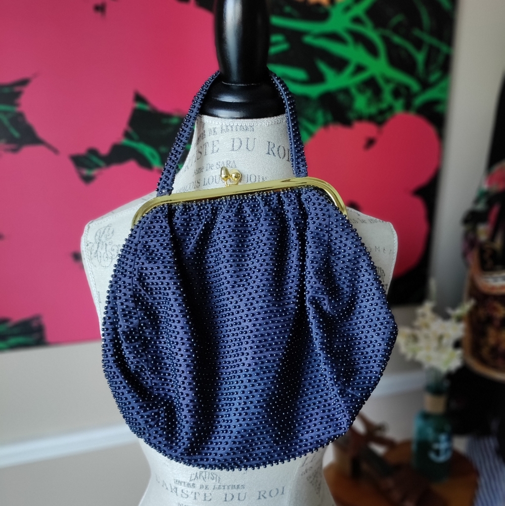 60s Vintage Faux Pearl Navy Blue-Beaded Handbag